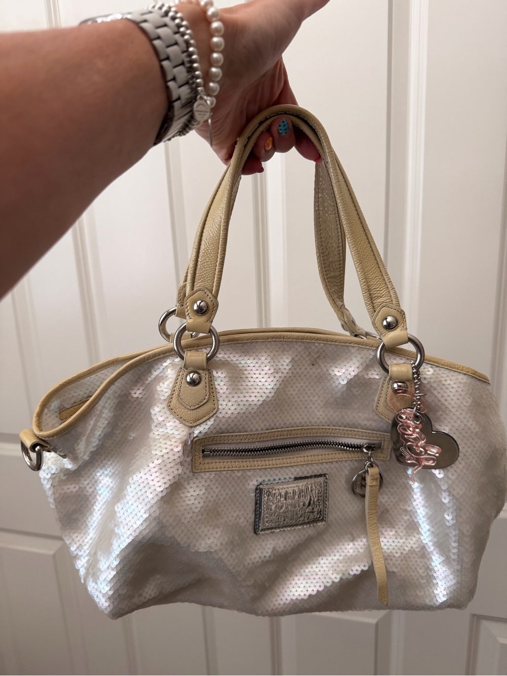 Coach Iridescent Sequin Poppy Satchel with Tan Trim
